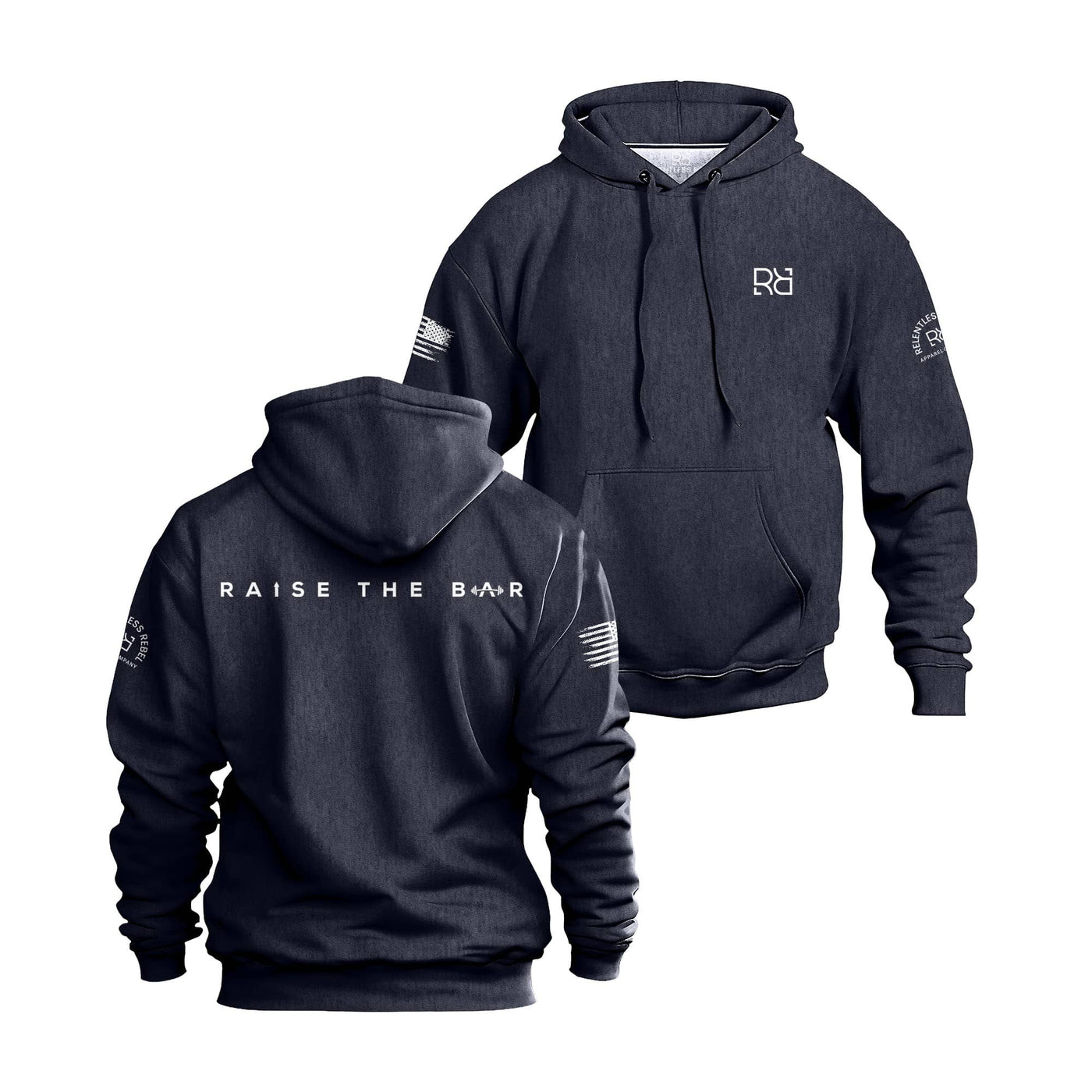 Navy hoodie with 'Raise the Bar' text on a white background
