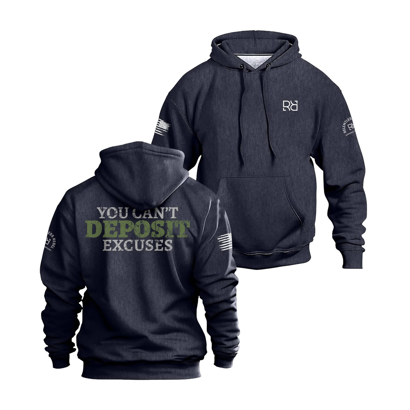 Navy hoodie with text and logos on a white background