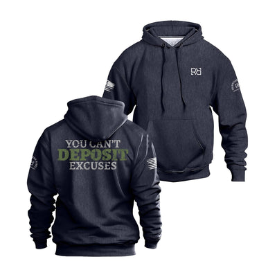 Navy hoodie with text and logos on a white background