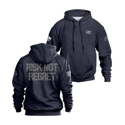 Navy hoodie with 'Risk Not Regret' text on the back, displayed from front and back views.