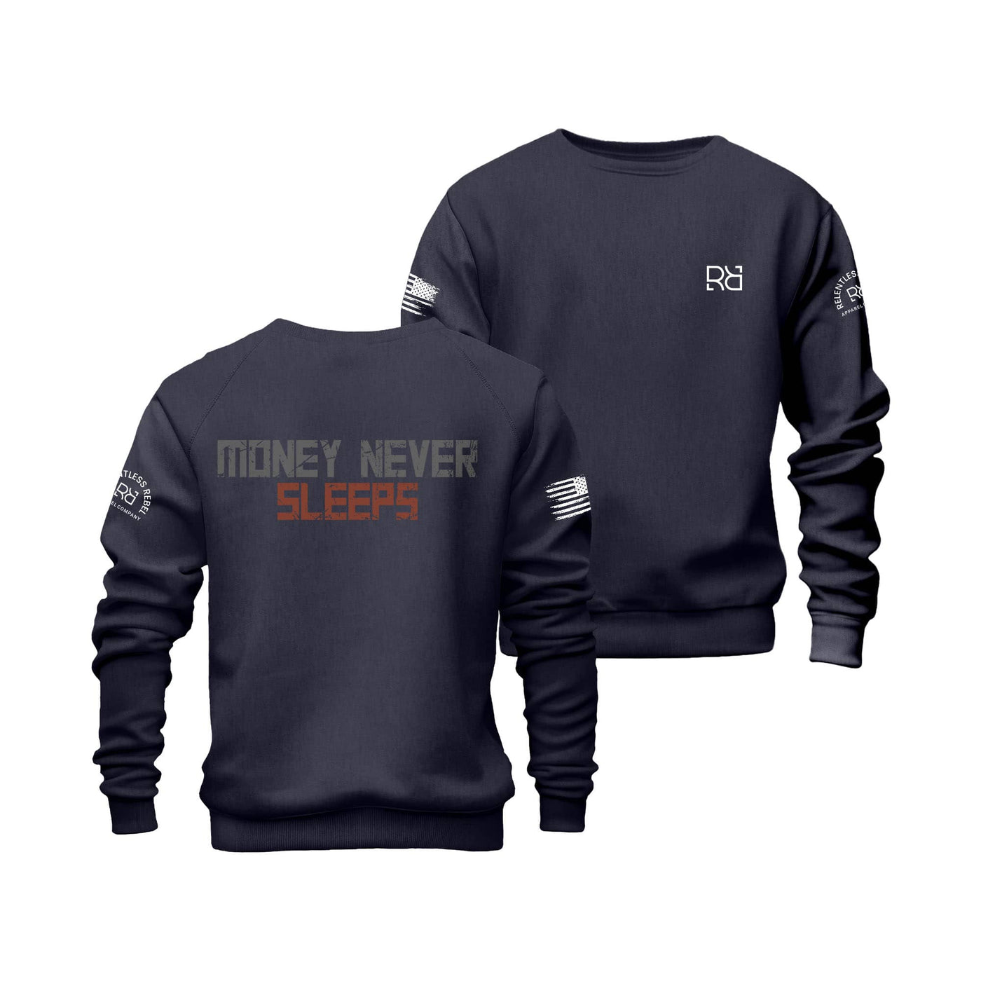 Navy Money Never Sleeps Crew Neck Sweatshirt