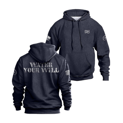 Navy hoodie with text and logos on a white background