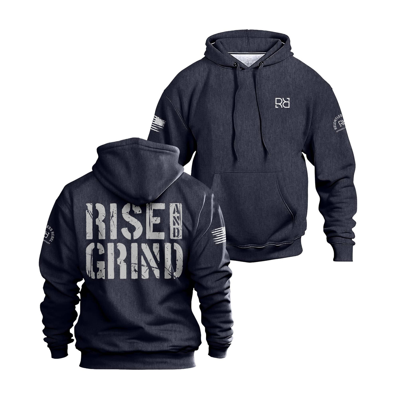Navy hoodie with 'Rise & Grind' text on the back, displayed from front and back views.
