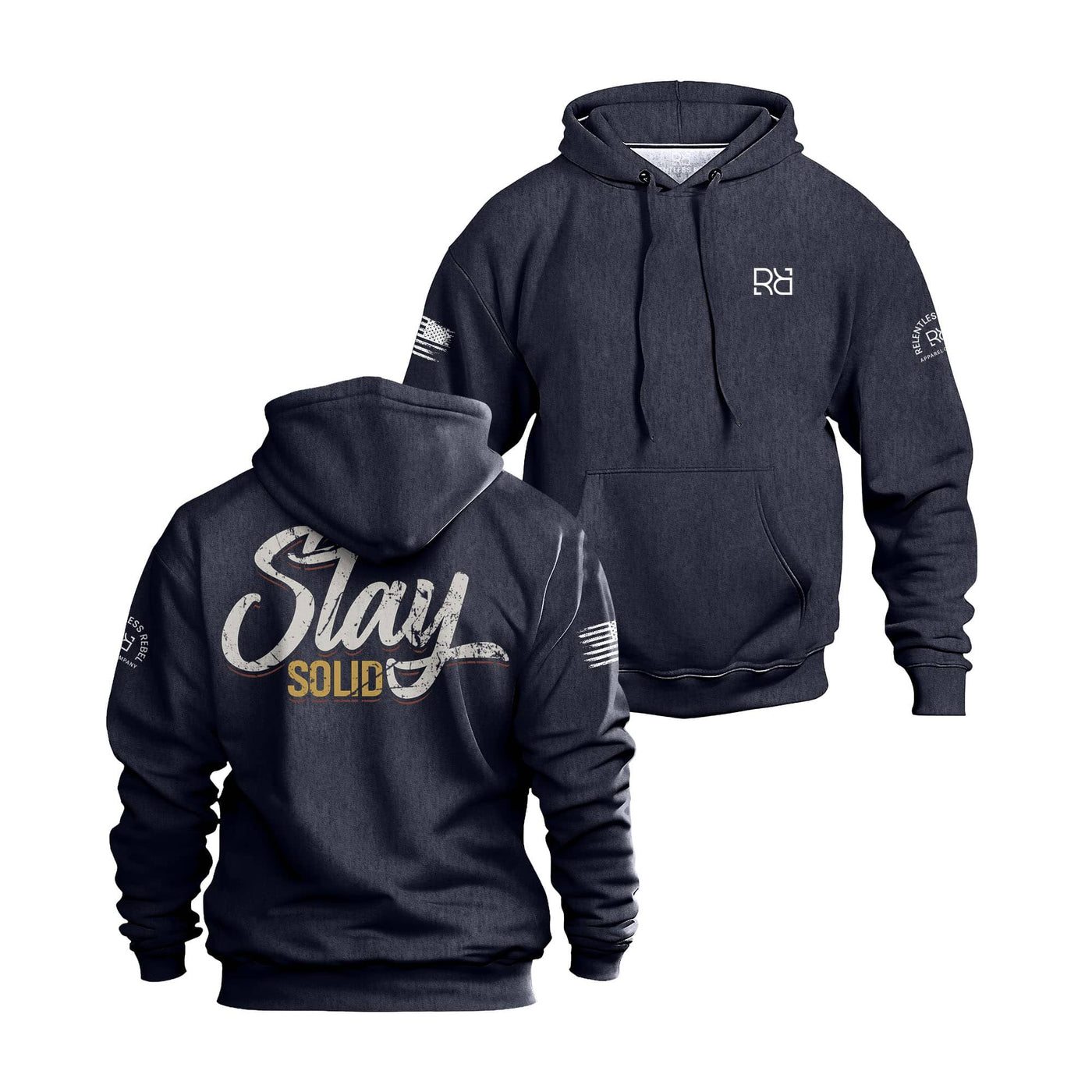 Navy hoodie with Stay Solid on the back