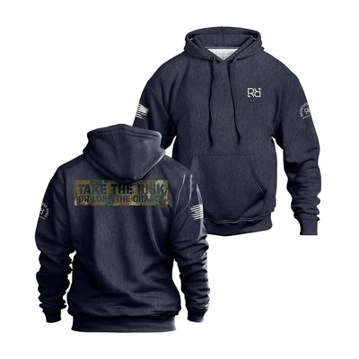 Navy hoodie with front and back views on a white background