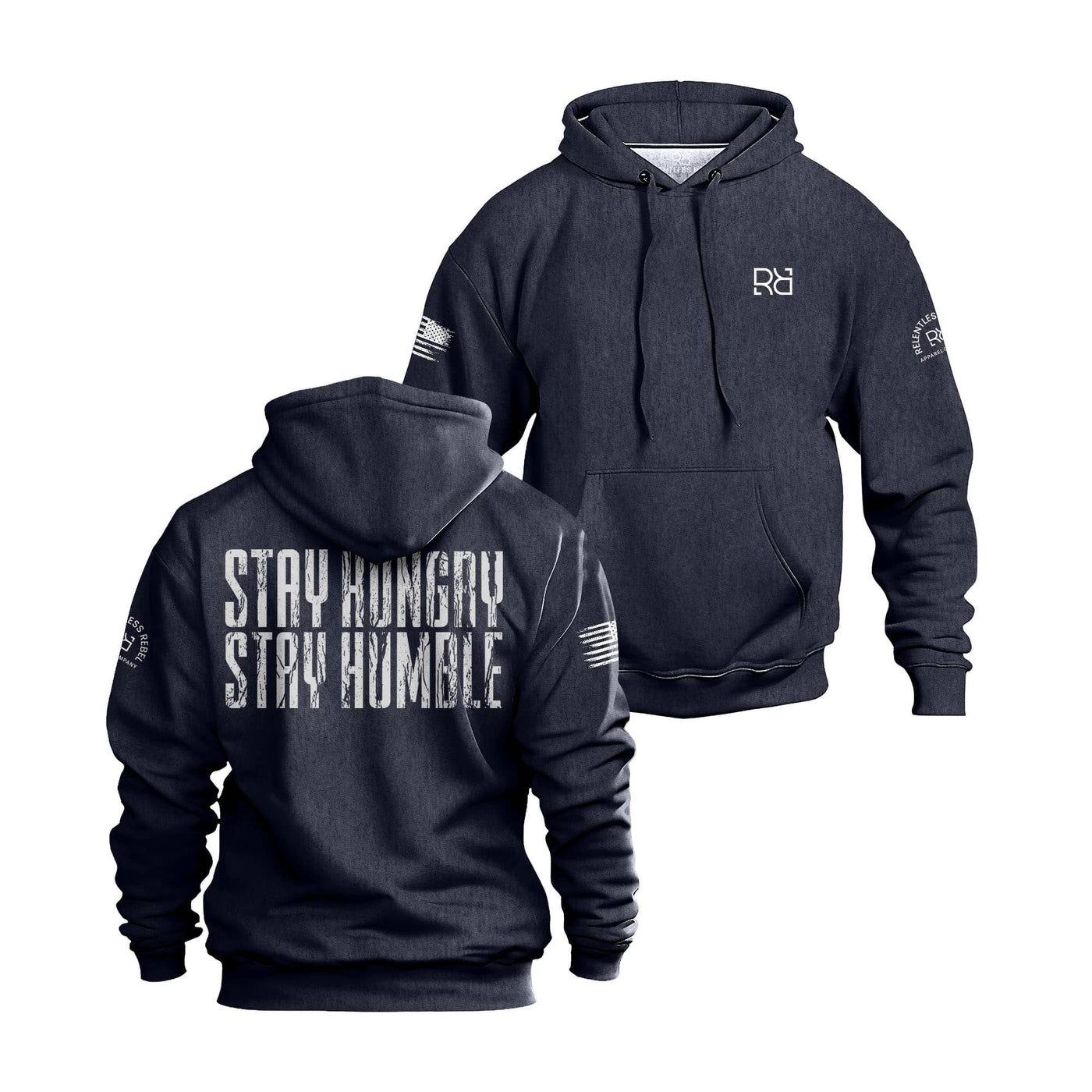 Navy hoodie with 'Stay Hungry Stay Humble' text on a white background