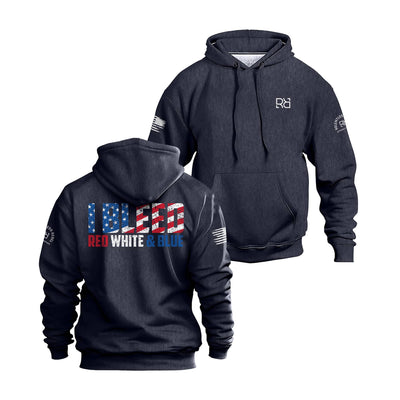 Navy hoodie with American flag design on front and back, on a white background