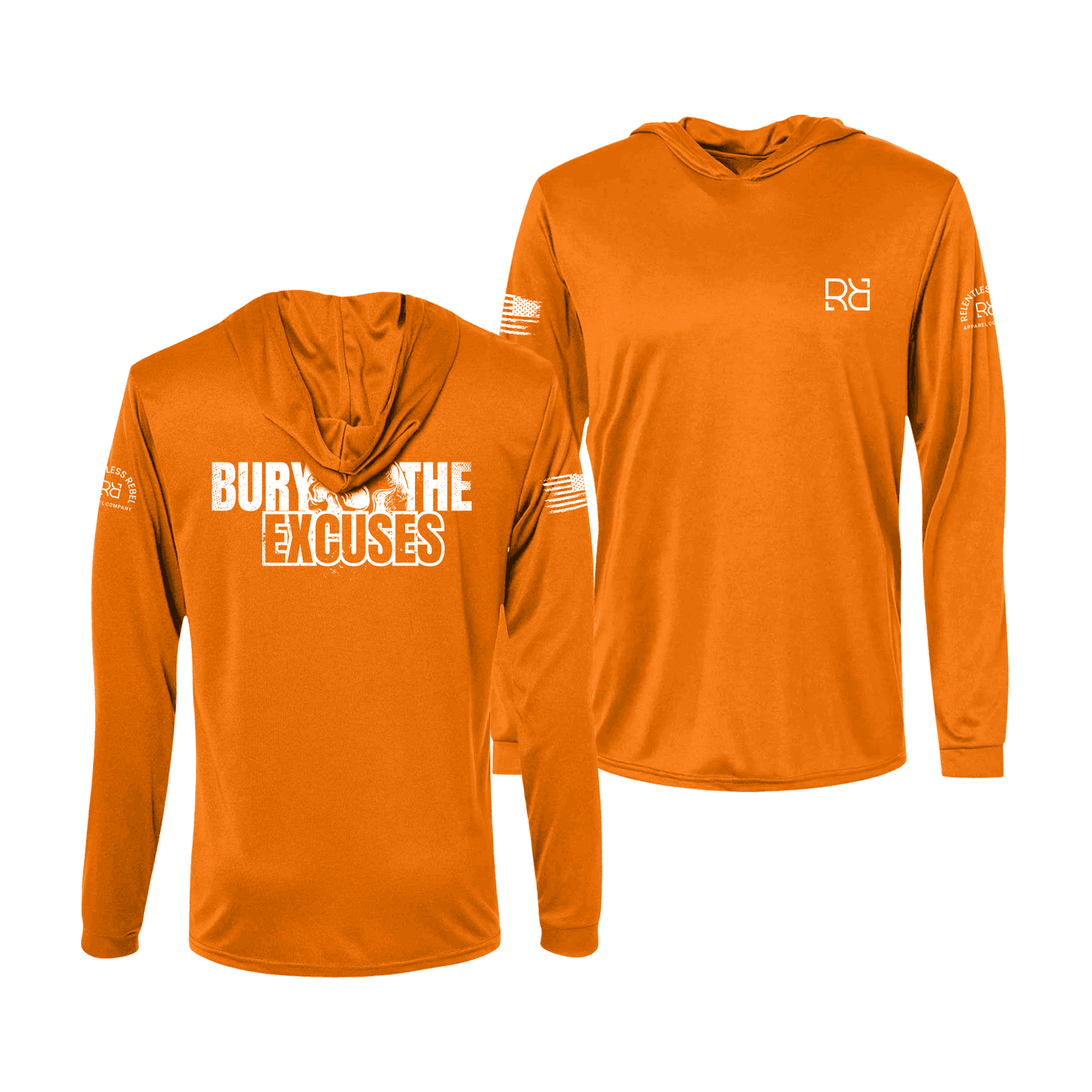 Neon Orange long-sleeve hoodie with text and logos on a white background