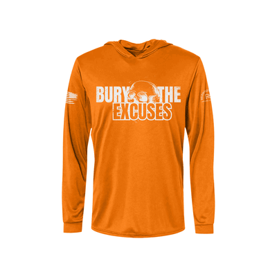Neon Orange long-sleeve hoodie with 'Bury The Excuses' text on a white background