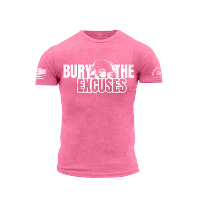Pink t-shirt with 'Bury The Excuses' text on a white background
