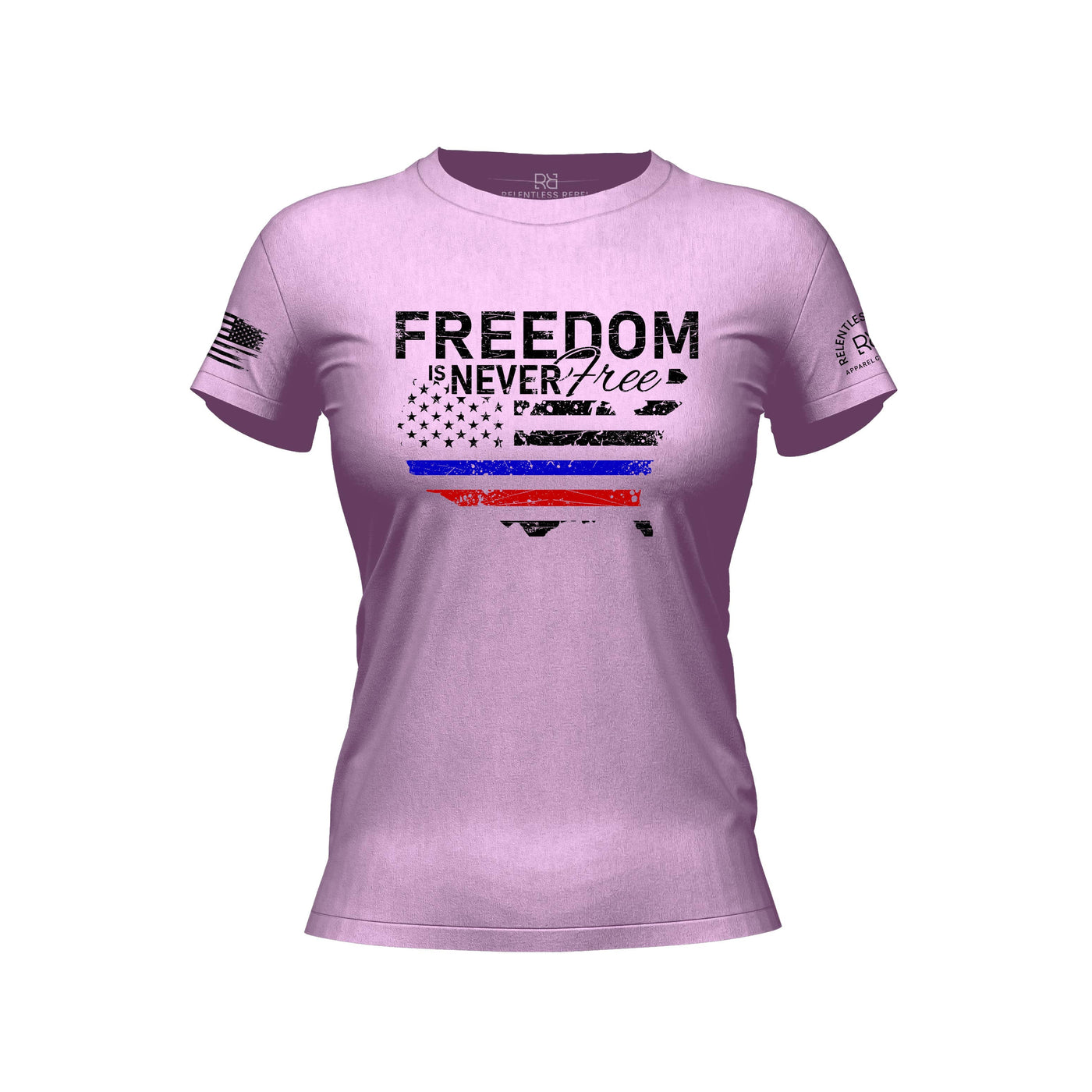 Lilac t-shirt with 'Freedom is Never Free' text and American flag design on a white background