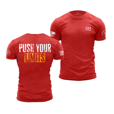 Red t-shirt with 'Push Your Limits' text on a white background