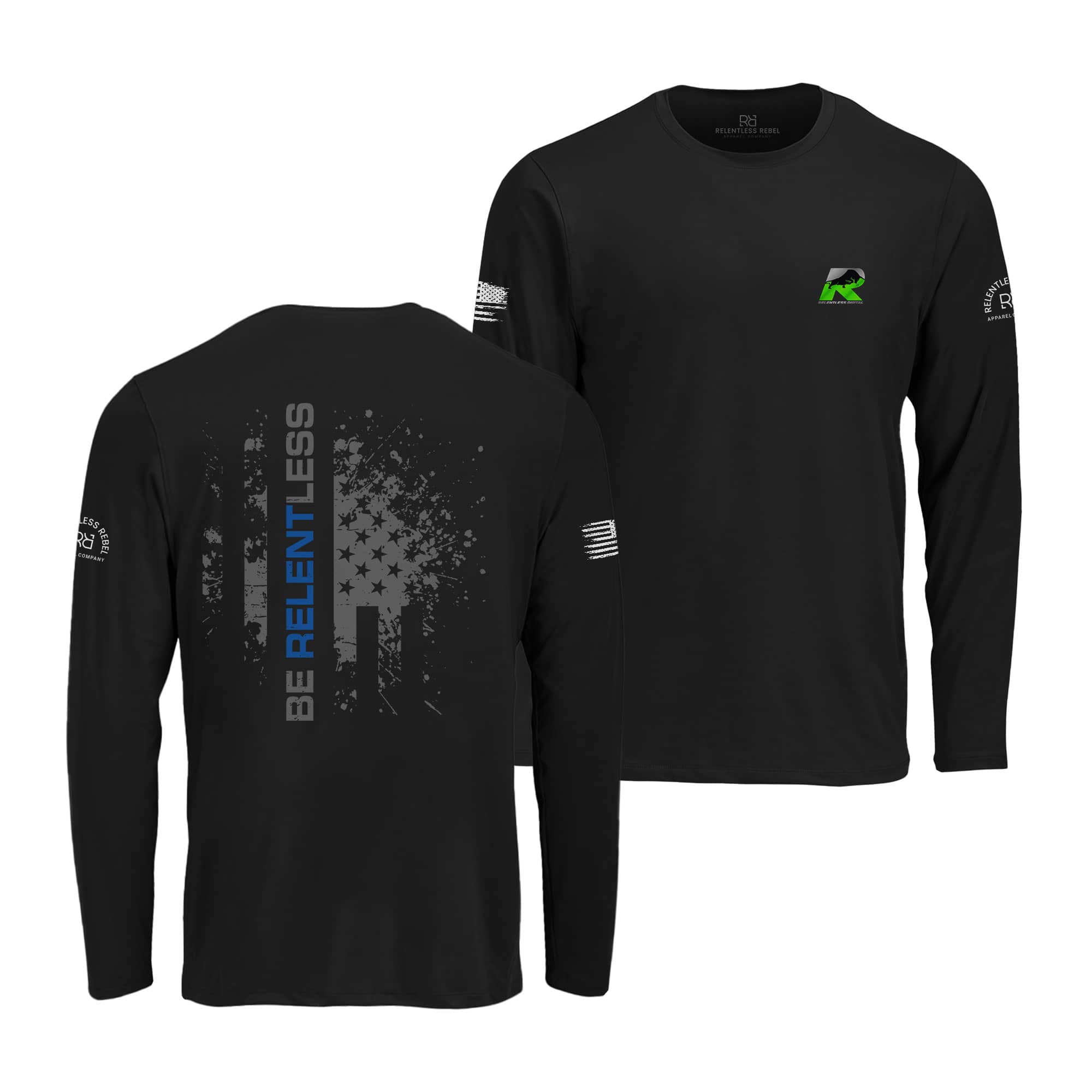 Black long-sleeve shirt with branding and text on a white background