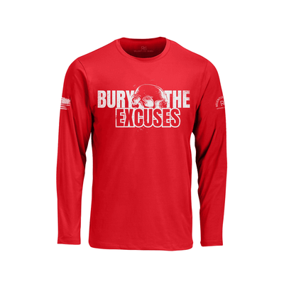 Red long-sleeve shirt with 'Bury The Excuses' text on a white background