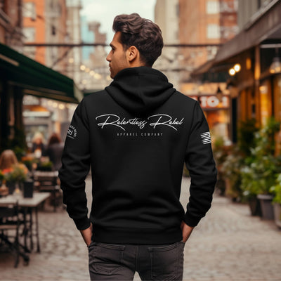 Man wearing Solid Black Relentless Rebel Apparel Zip Up Hoodie