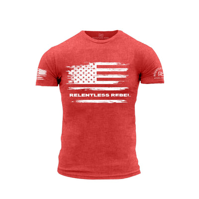 Red t-shirt with white American flag and 'Relentless Rebel' text on a white background