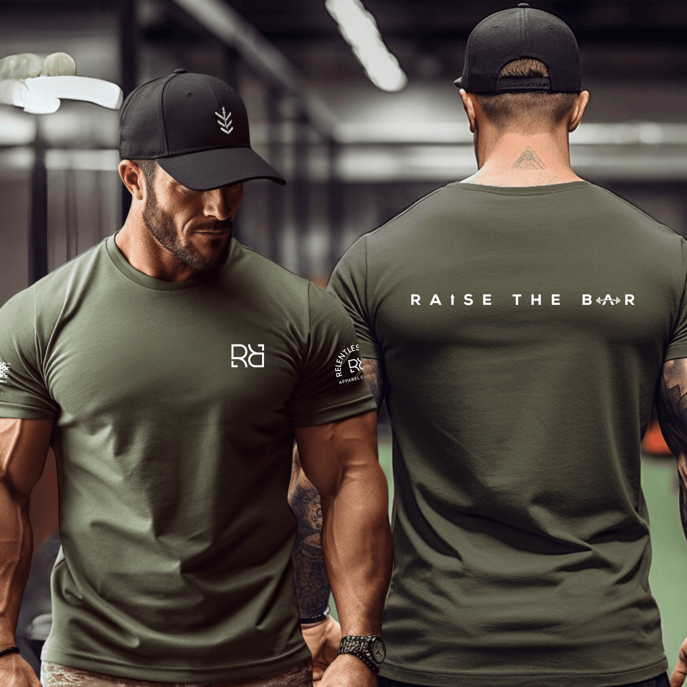 Two men wearing green fitness shirts with branding in a gym setting