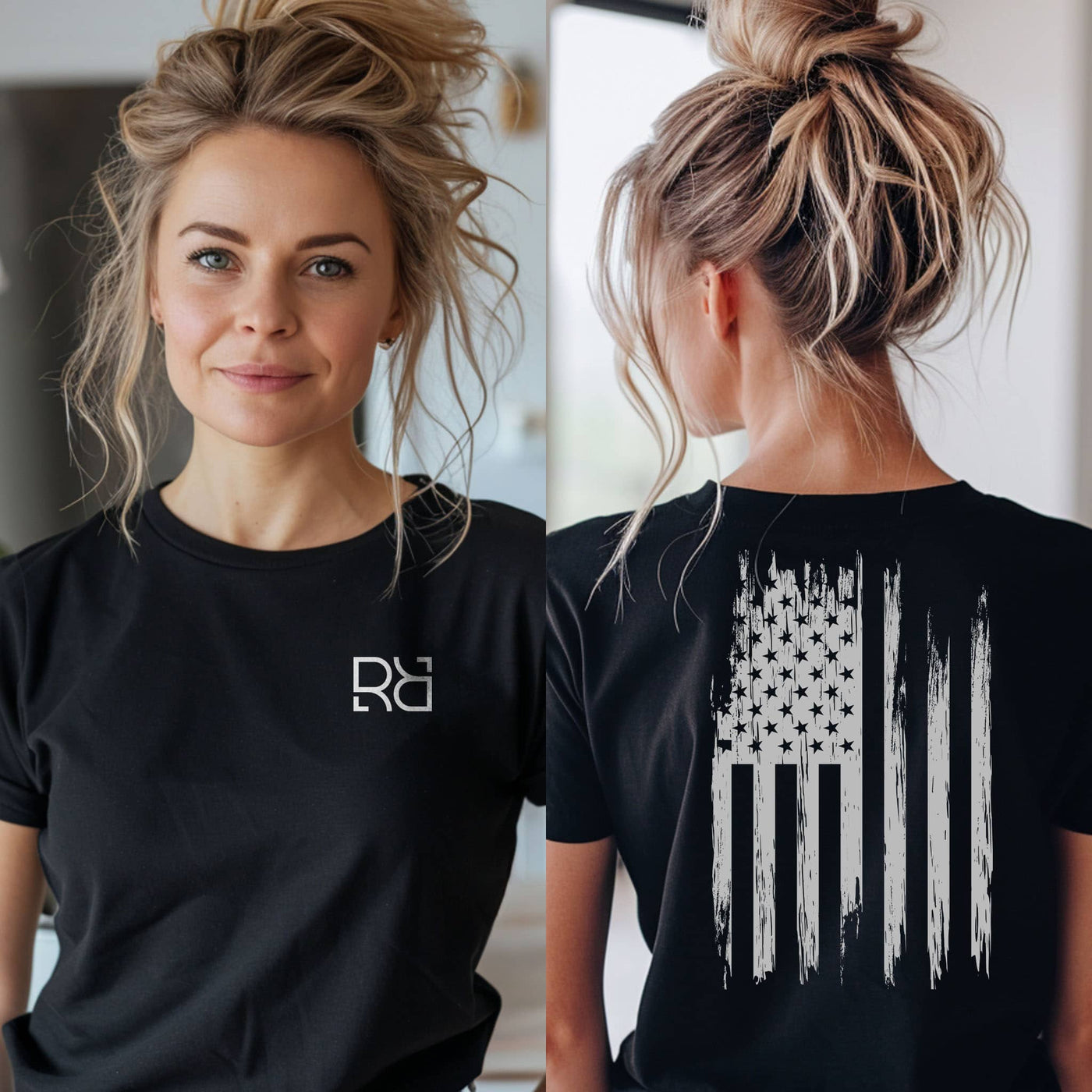 Woman wearing a black t-shirt with a logo on the front and an American flag design on the back.