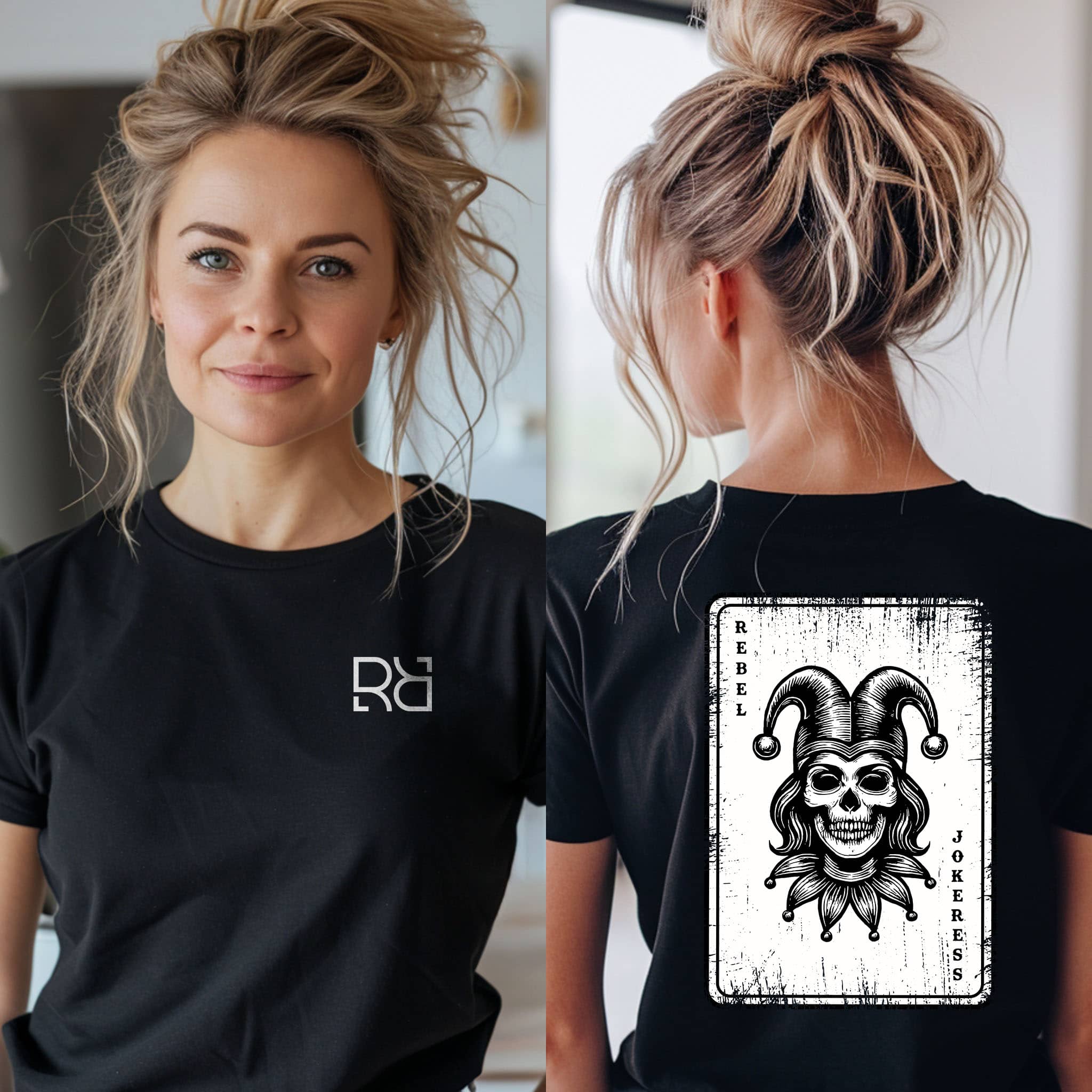 Woman wearing a black t-shirt with a logo on the front and a graphic design on the back.