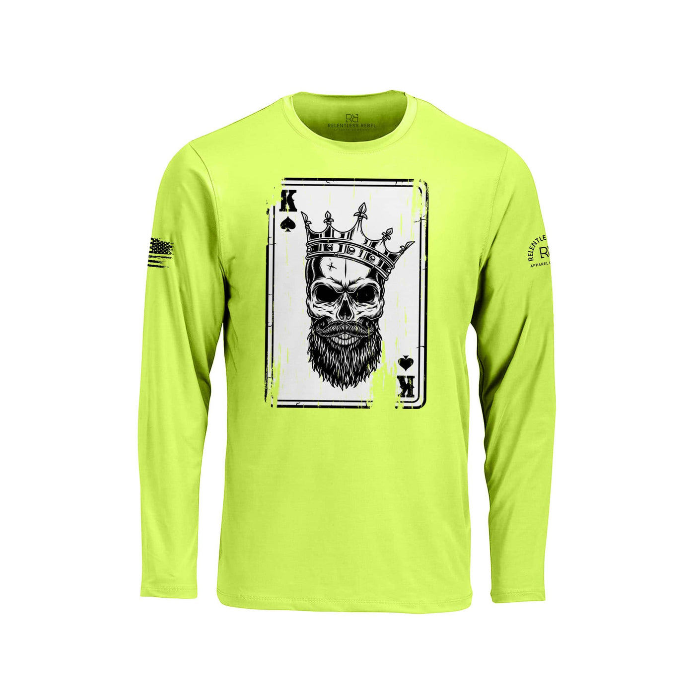 Safety Green long-sleeve shirt with a graphic of a skull wearing a crown and holding a beard, on a white background.