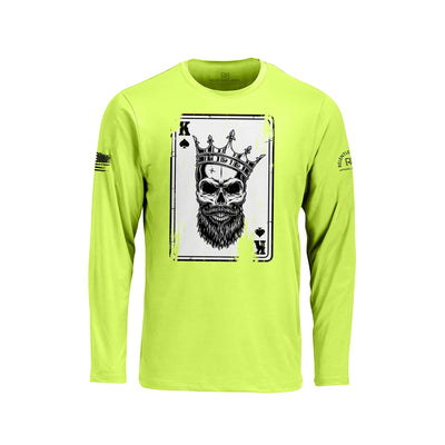 Safety Green long-sleeve shirt with a graphic of a skull wearing a crown and holding a beard, on a white background.