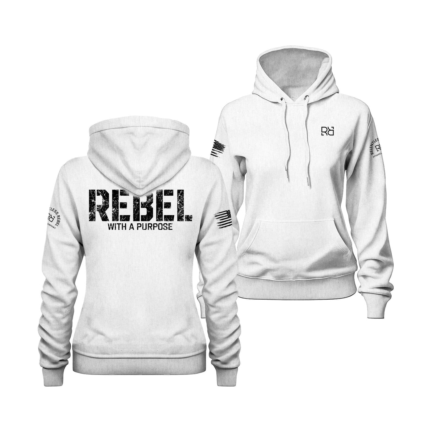 White hoodie with 'Rebel with a Purpose' text on a white background