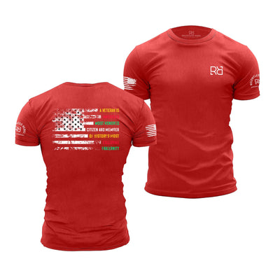 Red t-shirt with American flag design on the back and logo on the sleeve, displayed from front and back views.
