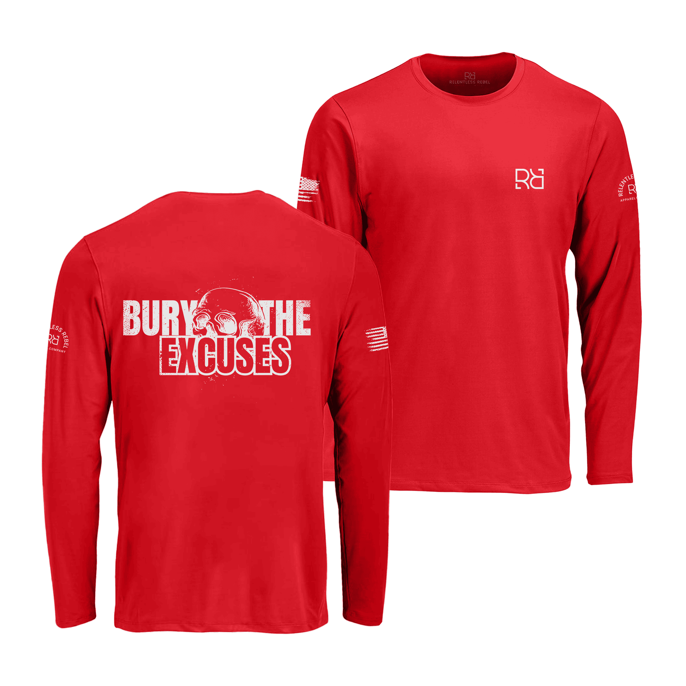 Red long-sleeve shirt with 'Bury the Excuses' text on the back, displayed from front and back views.
