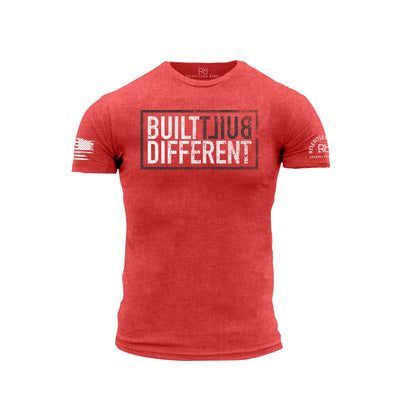 Red t-shirt with 'BUILT DIFFERENT' text on a white background