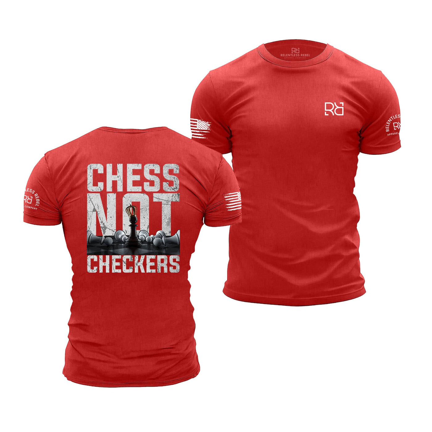 Red t-shirt with 'Chess Not Checkers' design on a white background