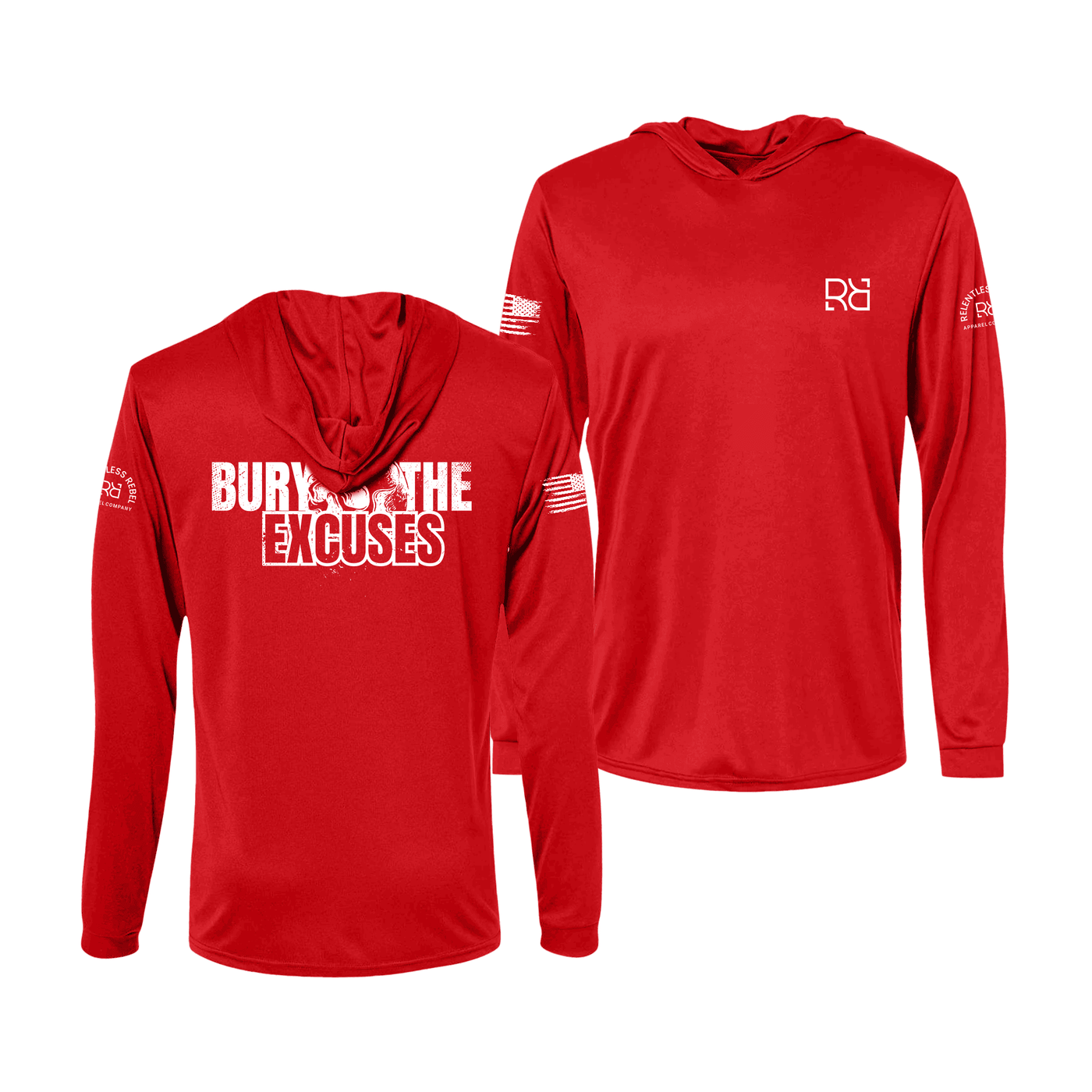 Red long-sleeve hoodie with text and logo on a white background