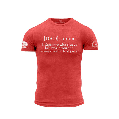 Red t-shirt with white text on a white background