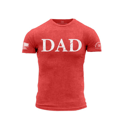 Red t-shirt with DAD printed in white on the front