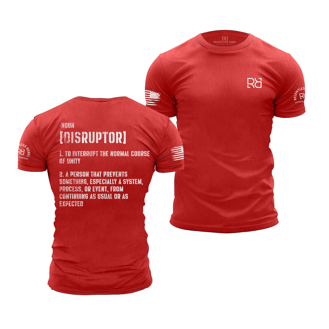 Red t-shirt with white text and logos on a white background