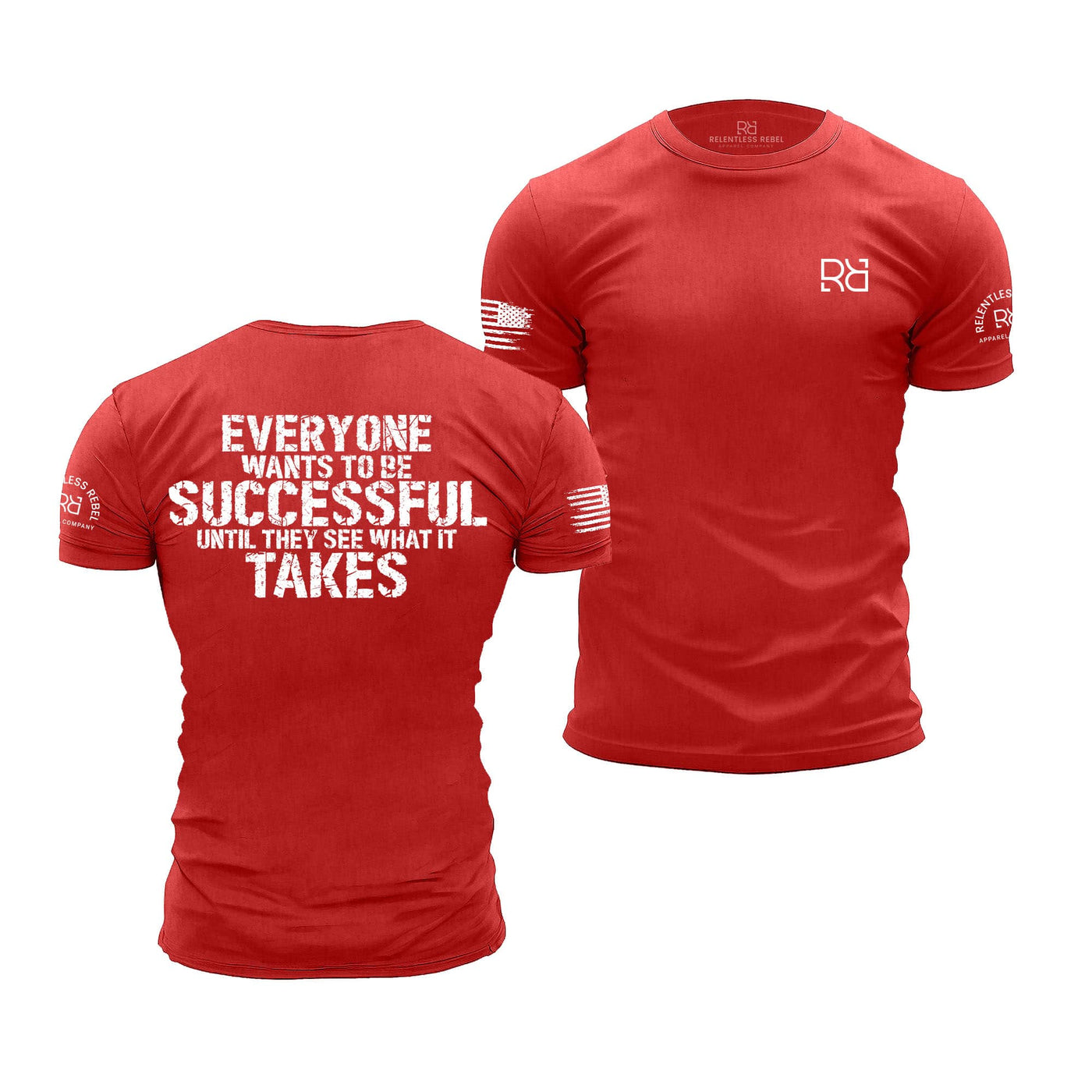 Red t-shirt with motivational quote on front and logo on sleeve, displayed from front and back views.