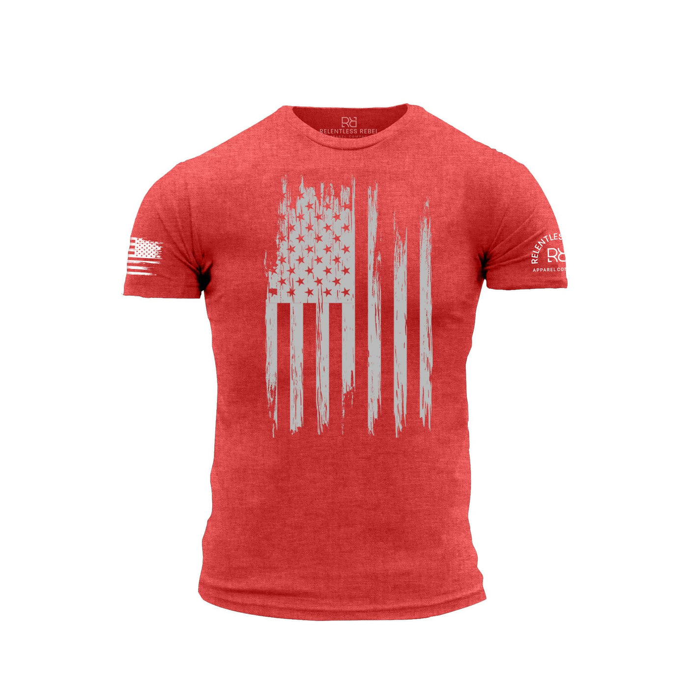 Red t-shirt with a white American flag design on a white background