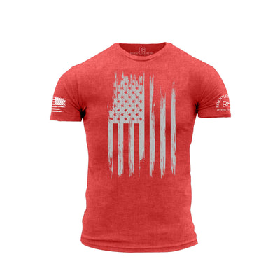 Red t-shirt with a white American flag design on a white background