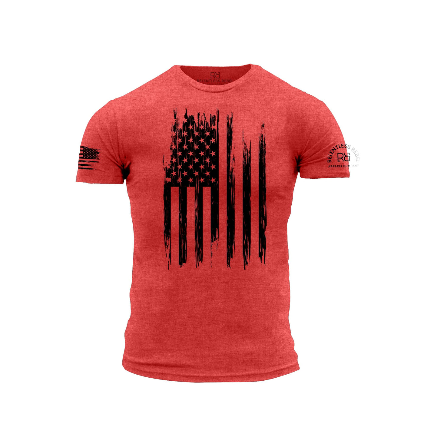 Red t-shirt with black American flag design on a white background
