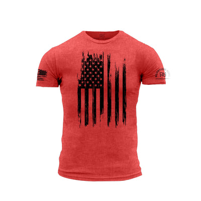 Red t-shirt with black American flag design on a white background
