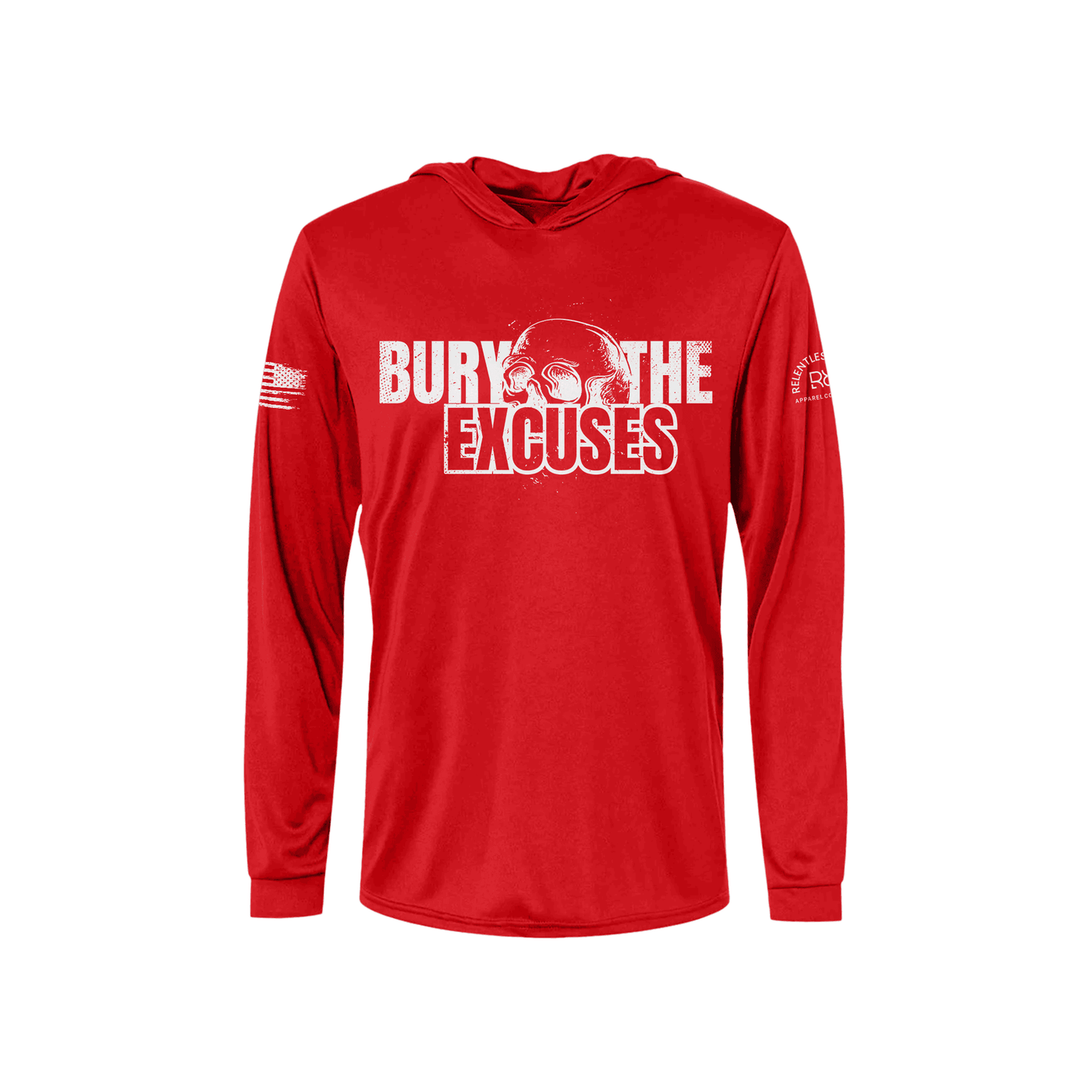 Red long-sleeve hoodie with 'Bury The Excuses' text on a white background