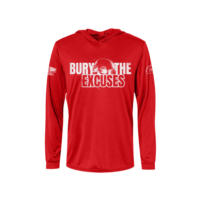 Red long-sleeve hoodie with 'Bury The Excuses' text on a white background