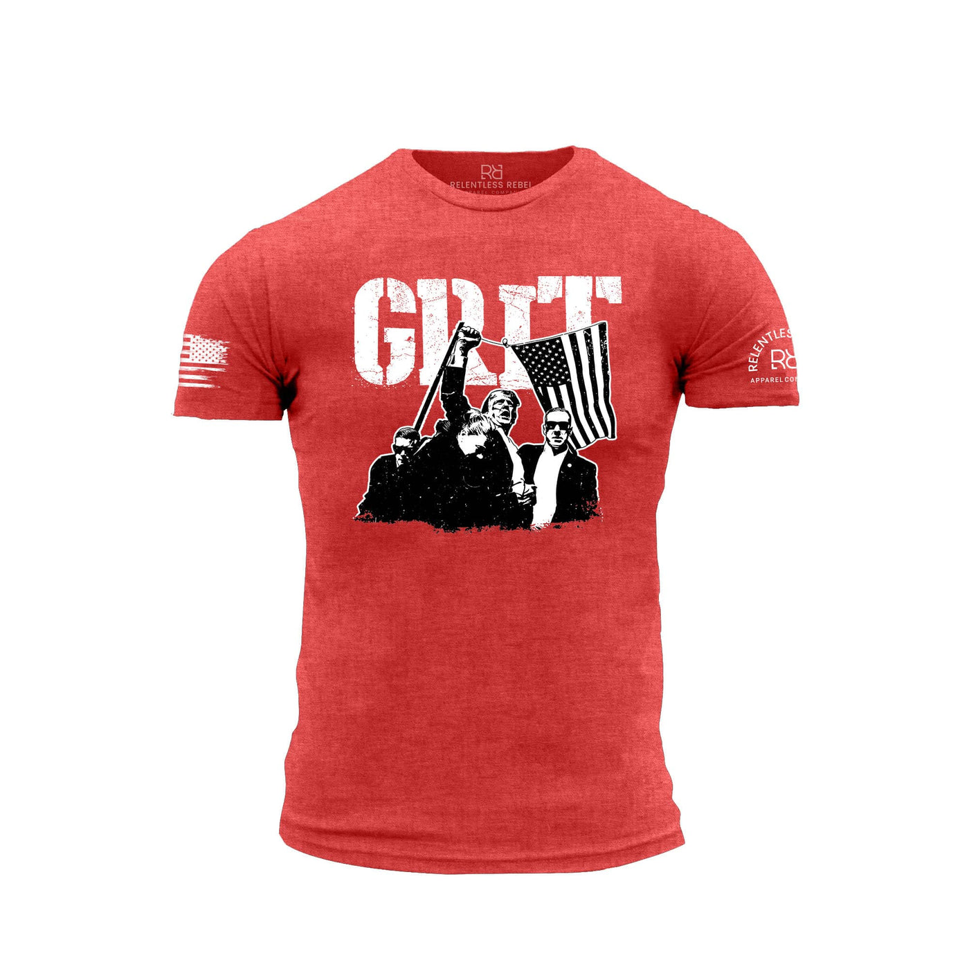 Red t-shirt with graphic design and 'Grit' branding on a white background