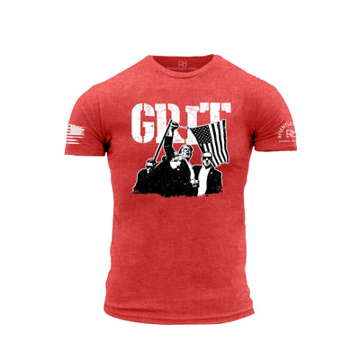 Red t-shirt with graphic design and 'Grit' branding on a white background