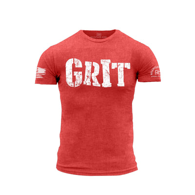 Red t-shirt with 'GRIT' printed on it against a white background