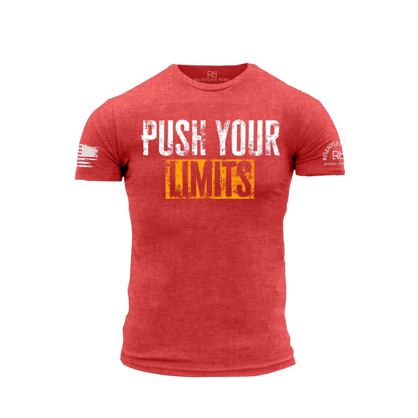 Red t-shirt with 'Push Your Limits' text on a white background