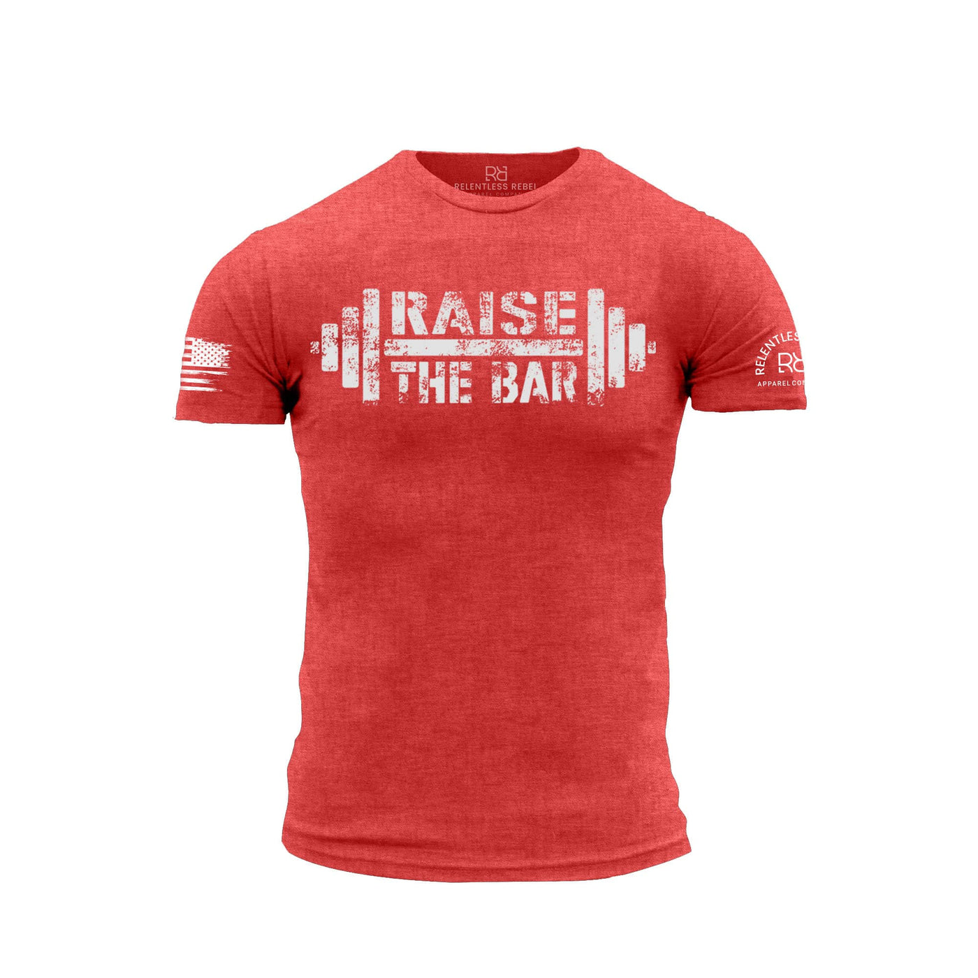 Red t-shirt with 'Raise the Bar' graphic on a white background