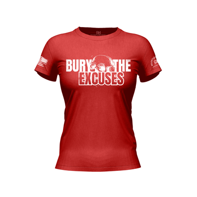 Red t-shirt with 'Bury The Excuses' text on a white background