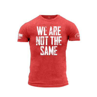 Red t-shirt with 'WE ARE NOT THE SAME' text on a white background
