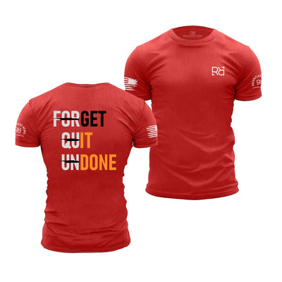 Red t-shirt with motivational text on the back and brand logo on the sleeve, displayed from front and back views.