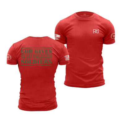 Red t-shirt with text and logos on a white background